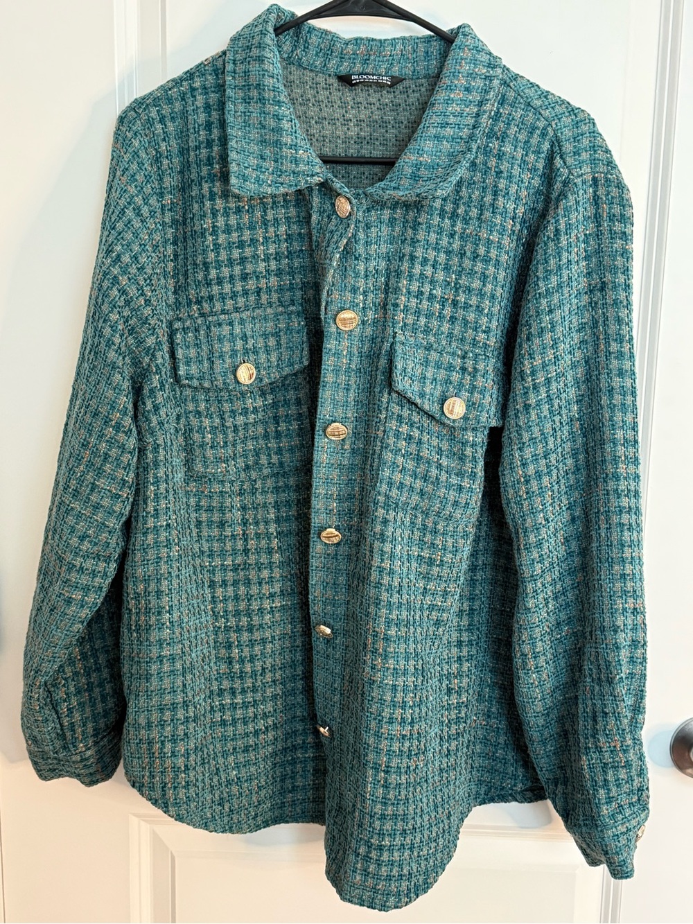 BloomChic Teal Textured Tweed Shacket Gold Buttons Size 18/20